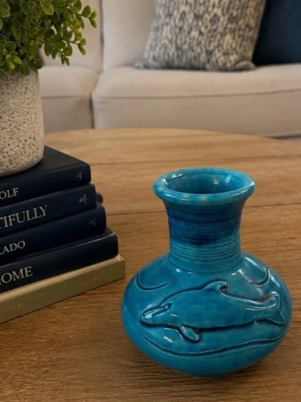Vintage Dolphin Lagoon Ocean Blue Vase Handmade Studio Pottery 4 1/2